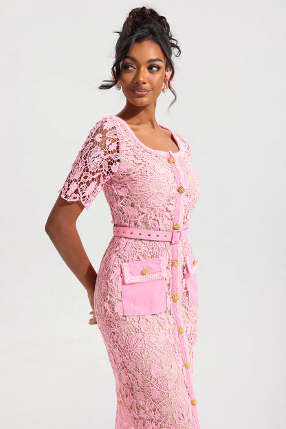 Vestido midi de cuello redondo con bajo de metal y encaje 