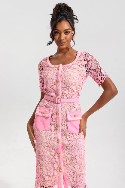 Vestido midi de cuello redondo con bajo de metal y encaje 