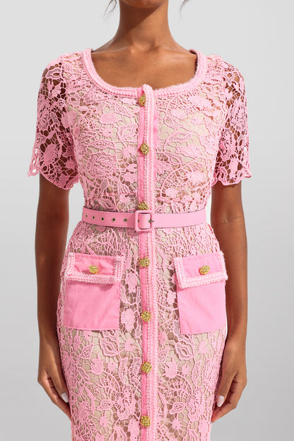 Vestido midi de cuello redondo con bajo de metal y encaje 