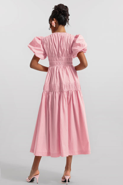 Vestido midi liso con escote en V y mangas abullonadas 