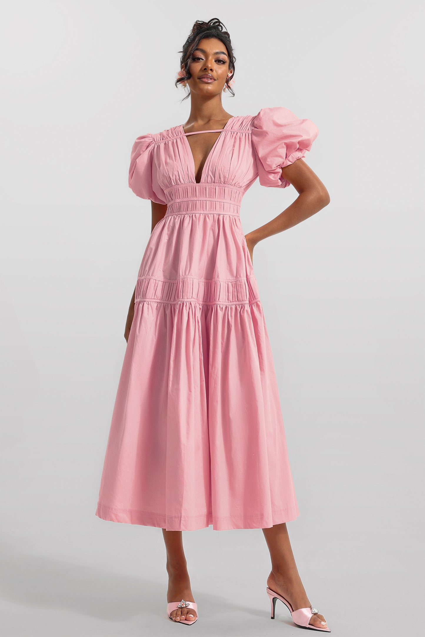 Vestido midi liso con escote en V y mangas abullonadas 