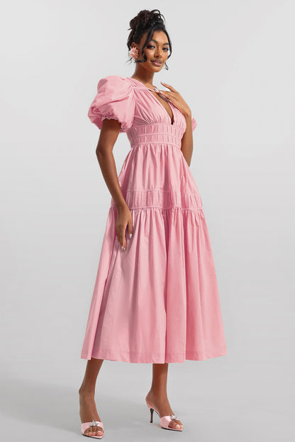 Vestido midi liso con escote en V y mangas abullonadas 