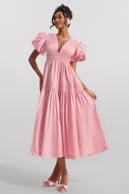 Vestido midi liso con escote en V y mangas abullonadas 