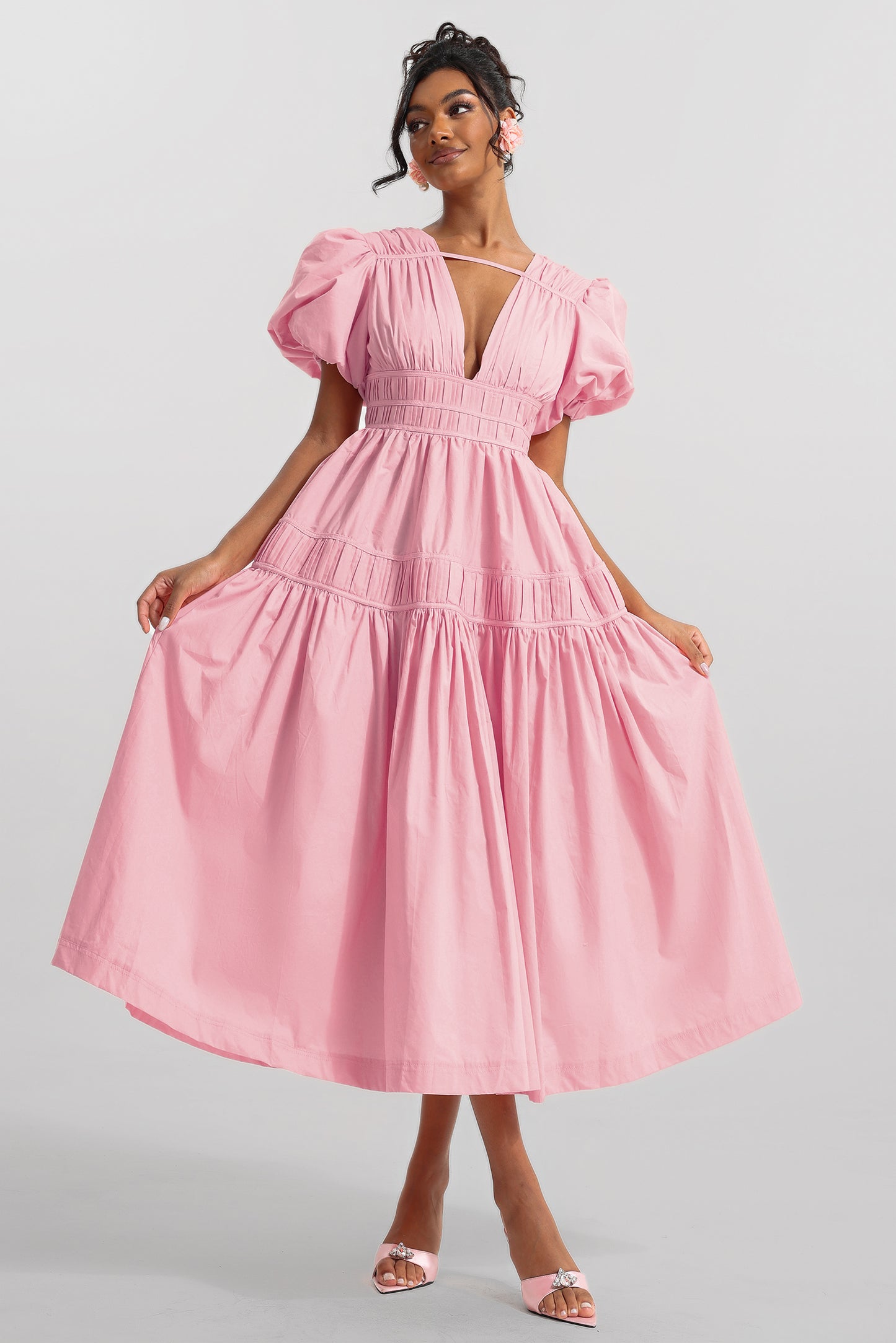 Vestido midi liso con escote en V y mangas abullonadas 