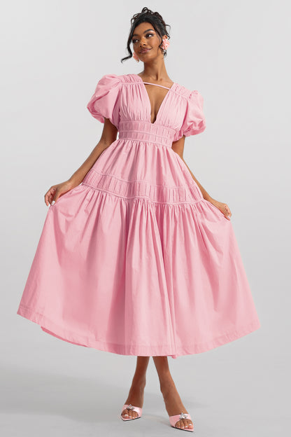 Vestido midi liso con escote en V y mangas abullonadas 