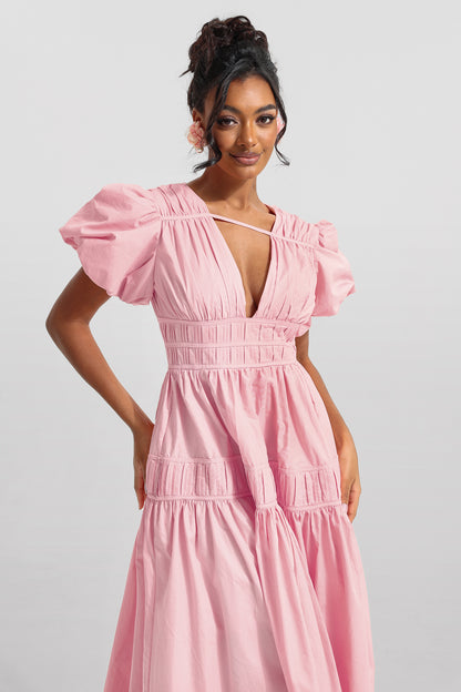 Vestido midi liso con escote en V y mangas abullonadas 