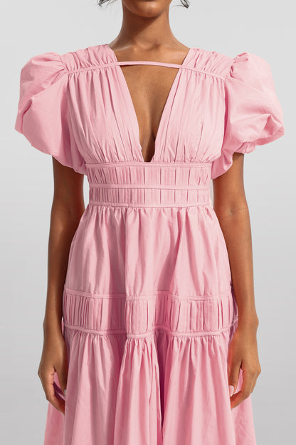 Vestido midi liso con escote en V y mangas abullonadas 