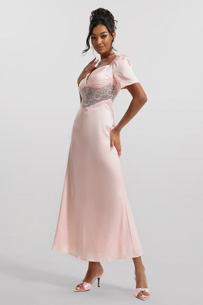 Vestido midi de satén con encaje liso y escote en V 