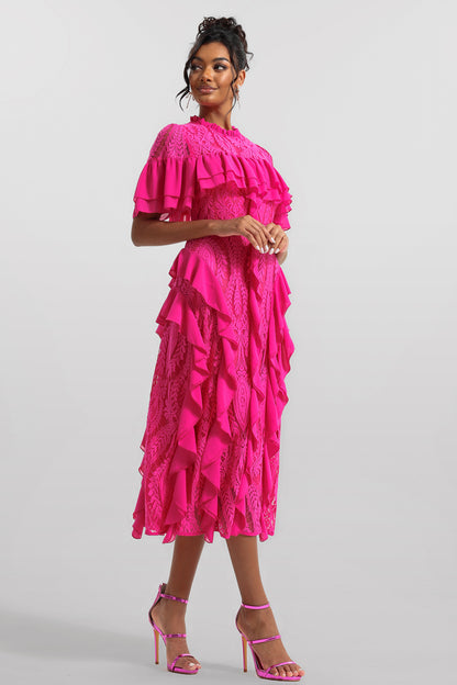 Vestido midi de encaje liso con volantes 