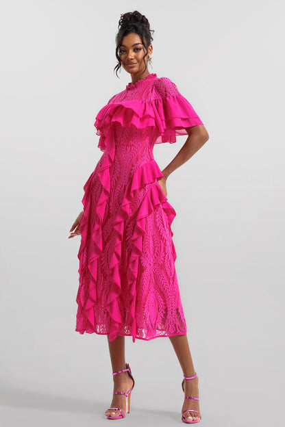 Vestido midi de encaje liso con volantes 