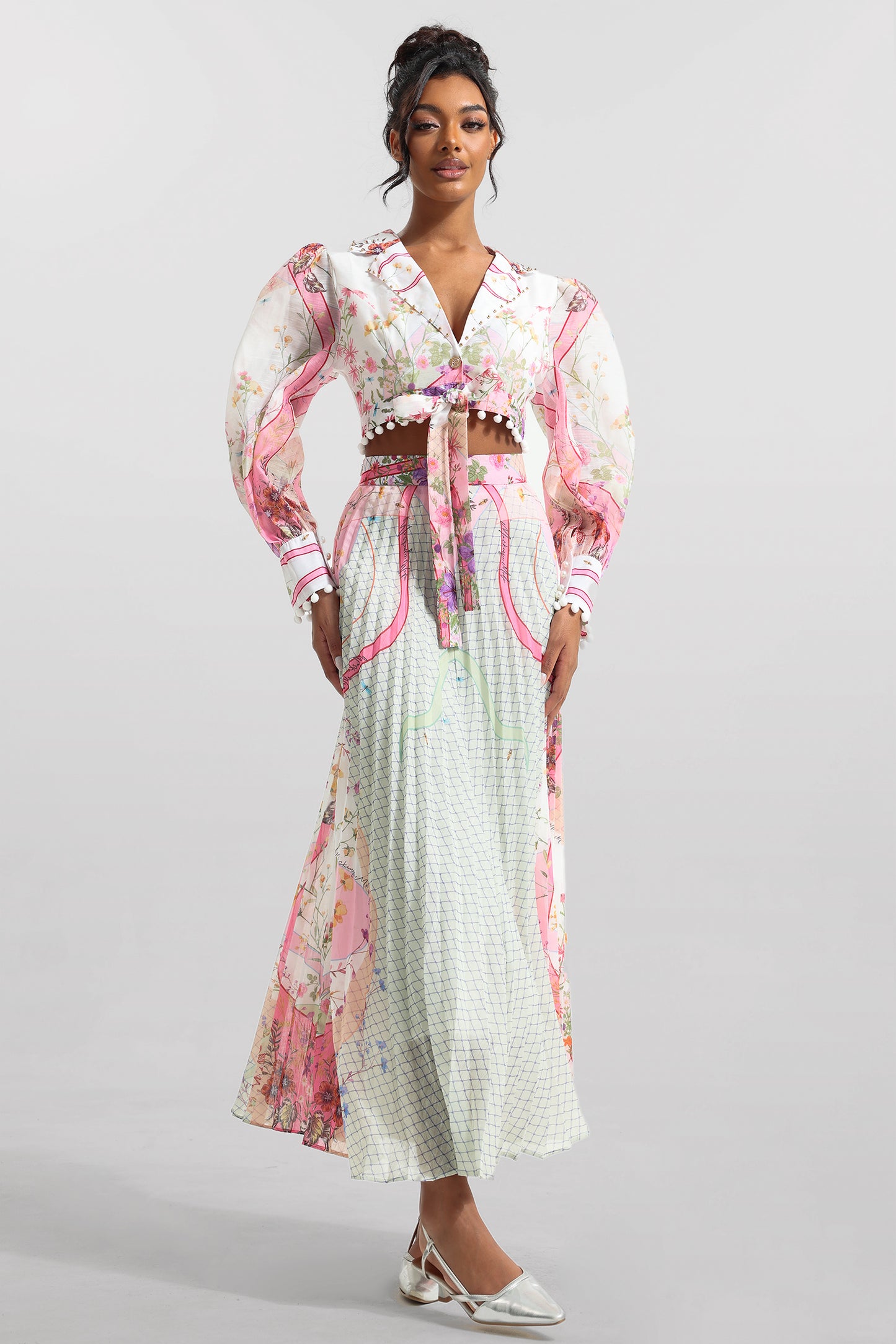 Conjunto de top de manga larga floral y falda de cintura alta 