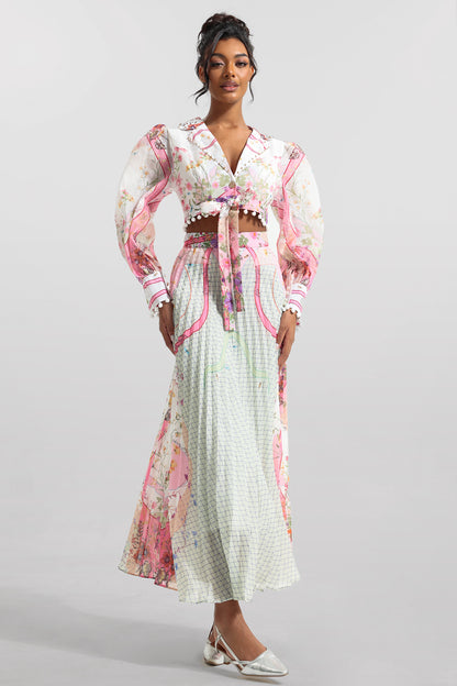 Conjunto de top de manga larga floral y falda de cintura alta 