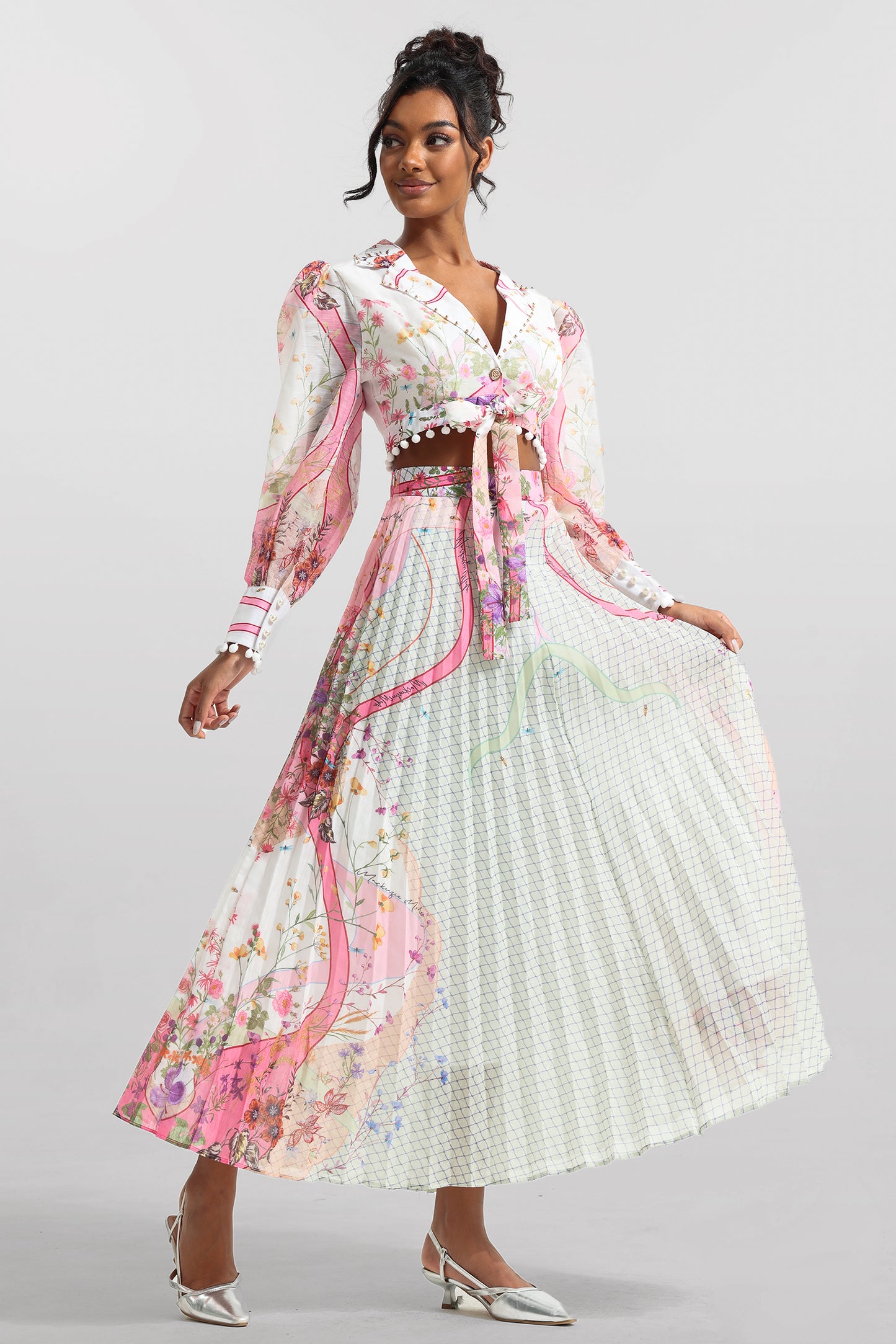 Conjunto de top de manga larga floral y falda de cintura alta 