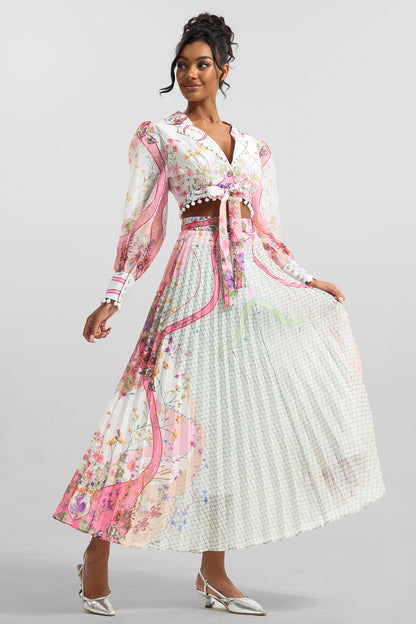 Conjunto de top de manga larga floral y falda de cintura alta 