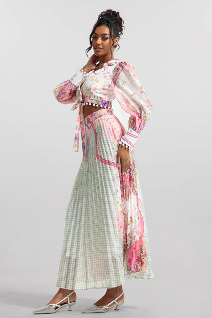 Conjunto de top de manga larga floral y falda de cintura alta 