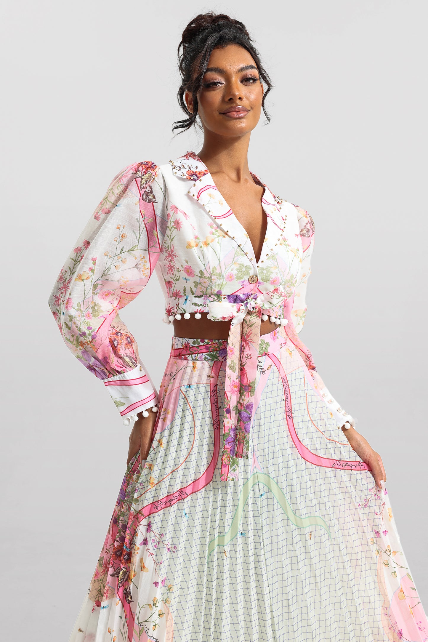 Conjunto de top de manga larga floral y falda de cintura alta 