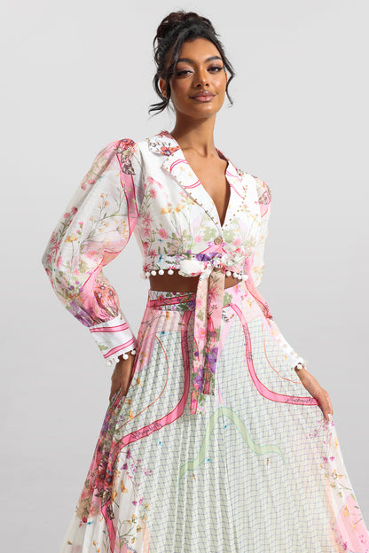 Conjunto de top de manga larga floral y falda de cintura alta 