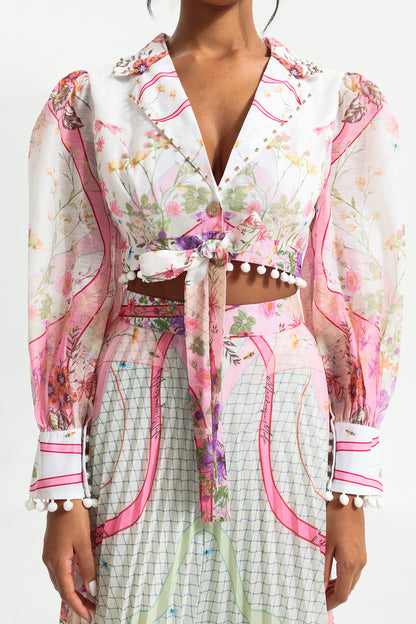 Conjunto de top de manga larga floral y falda de cintura alta 