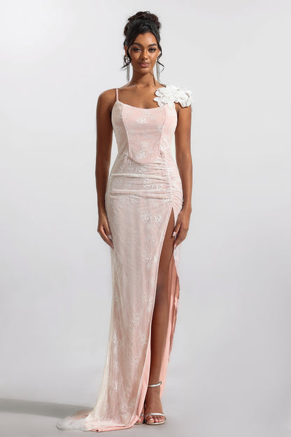 Vestido largo sin mangas con encaje floral 3D y abertura 