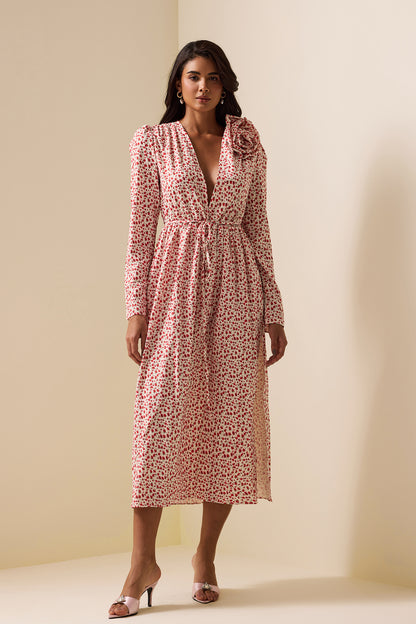 Vestido midi con abertura y manga larga con estampado floral 3D 