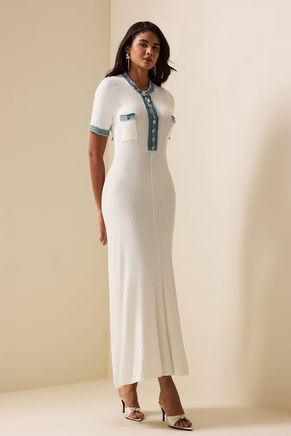 Vestido midi de mezclilla de punto en contraste de color 