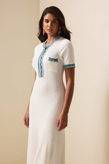 Vestido midi de mezclilla de punto en contraste de color 