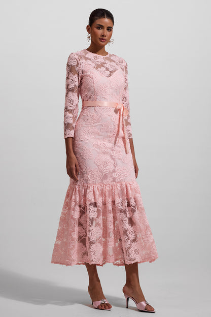 Vestido largo de manga larga con cuello redondo bordado 