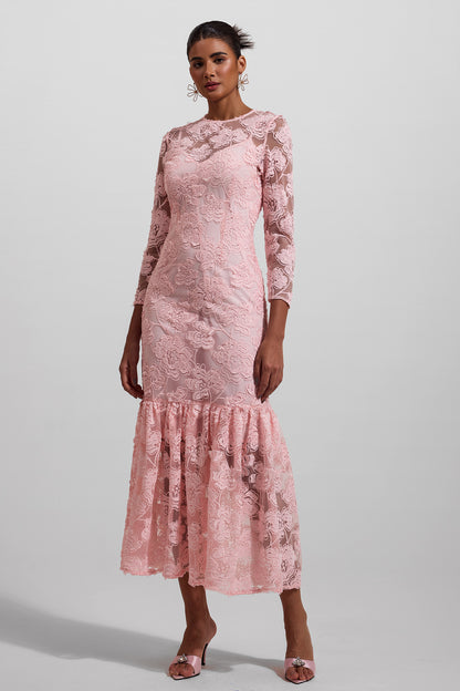 Vestido largo de manga larga con cuello redondo bordado 