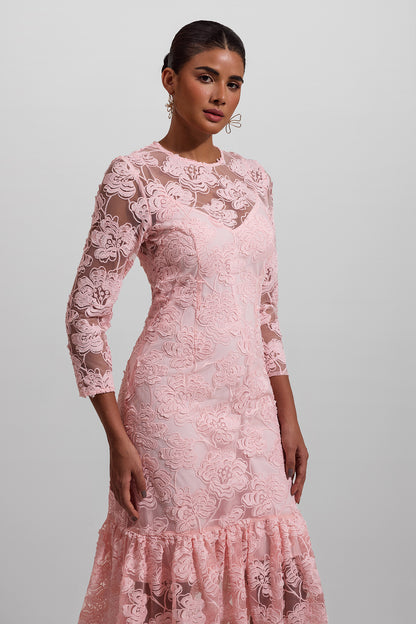 Vestido largo de manga larga con cuello redondo bordado 