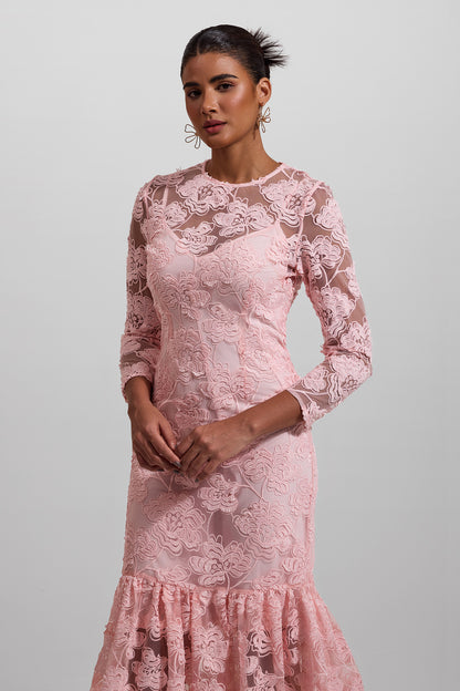 Vestido largo de manga larga con cuello redondo bordado 