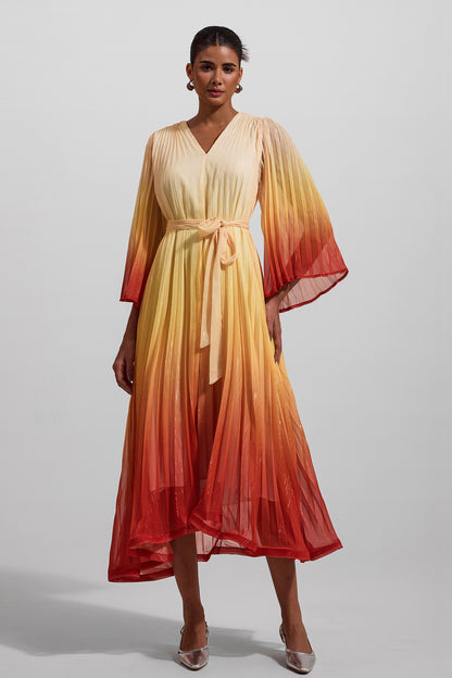 Vestido midi con mangas abullonadas de lúrex en color degradado 