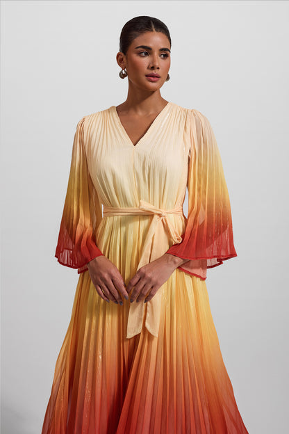 Vestido midi con mangas abullonadas de lúrex en color degradado 