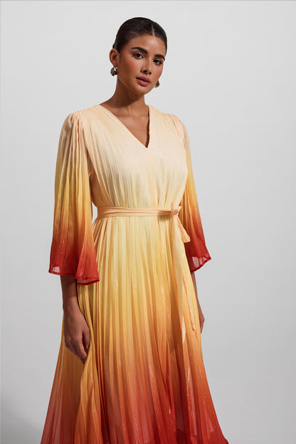 Vestido midi con mangas abullonadas de lúrex en color degradado 