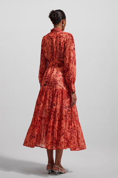 Vestido midi con mangas farol con estampado floral y bajo de metal con cinturón 