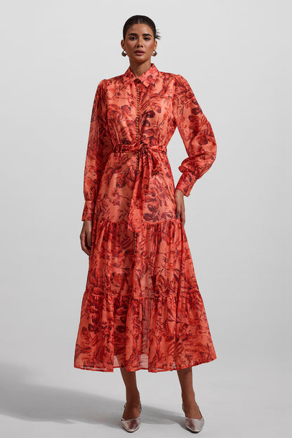 Vestido midi con mangas farol con estampado floral y bajo de metal con cinturón 