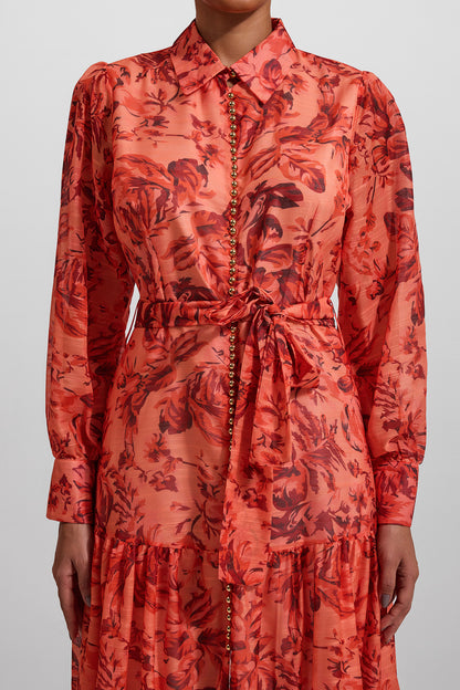 Vestido midi con mangas farol con estampado floral y bajo de metal con cinturón 