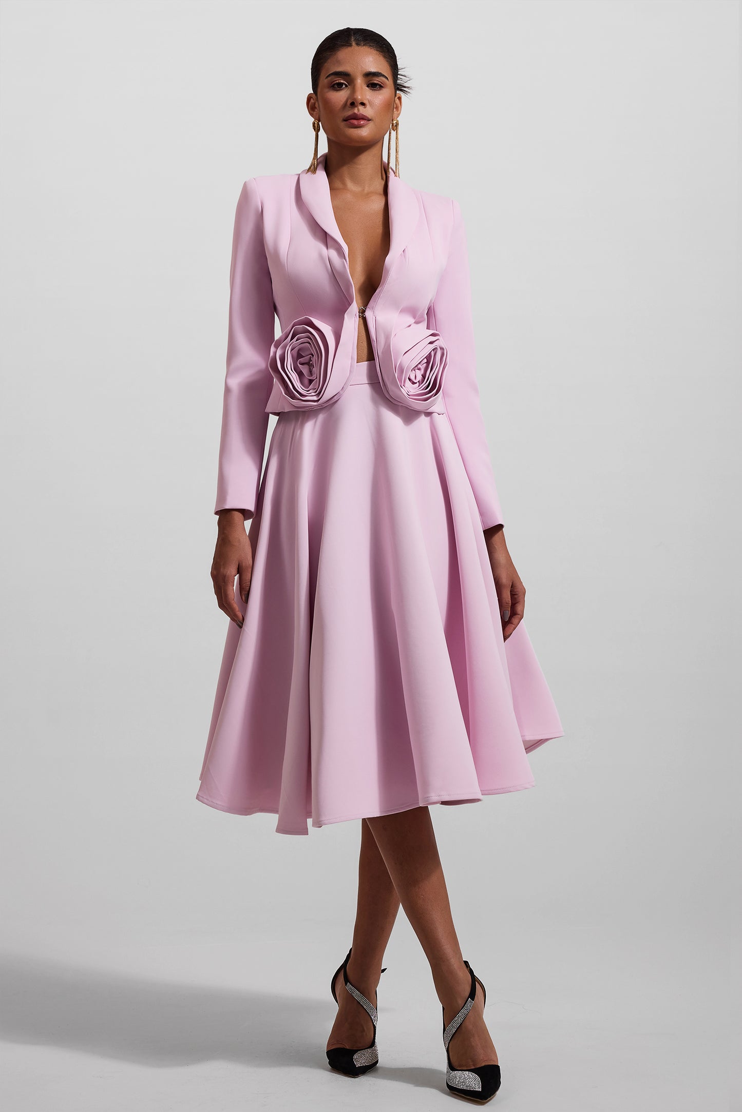 Conjunto de blazer liso con estampado floral 3D y falda midi lisa de cintura alta 