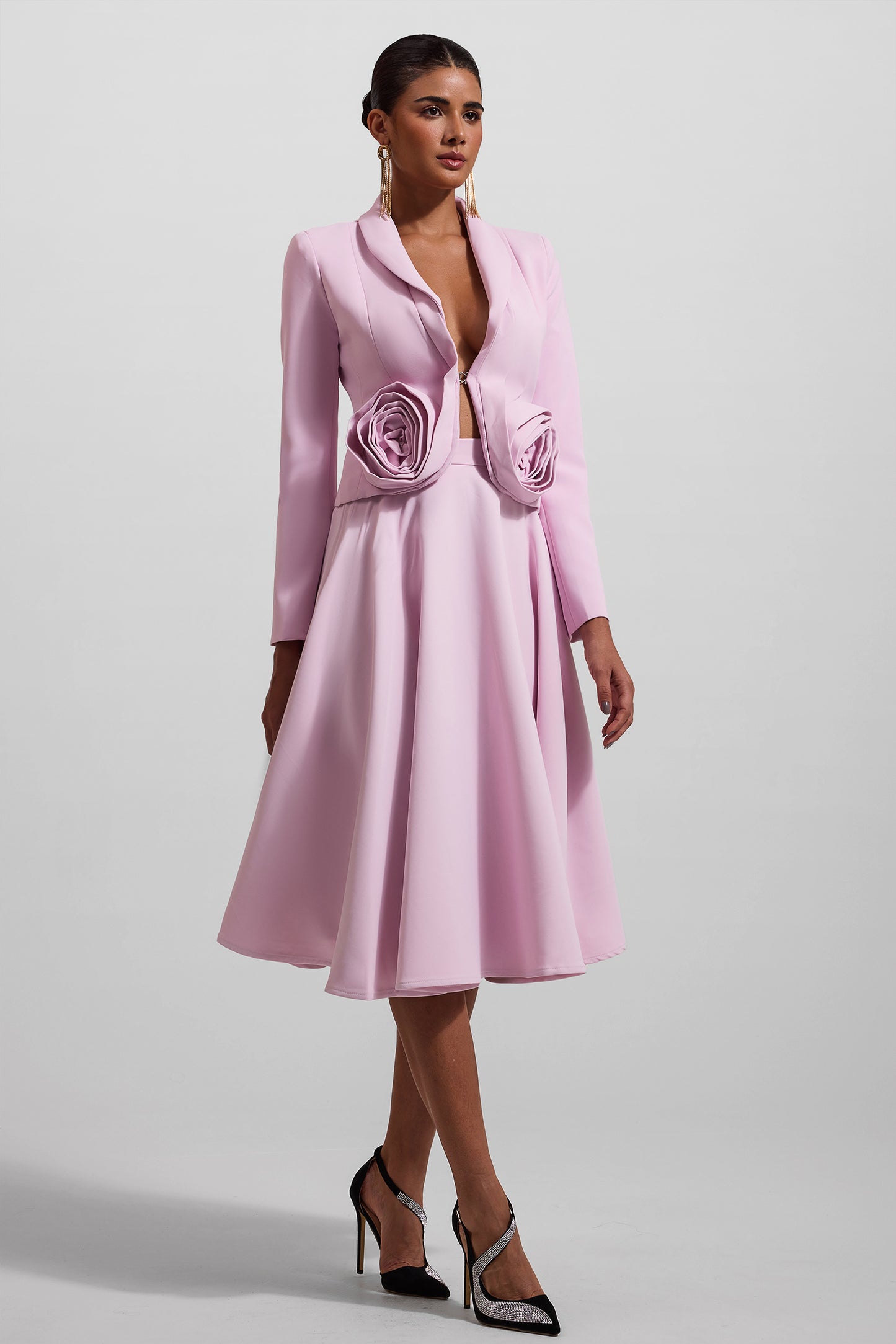 Conjunto de blazer liso con estampado floral 3D y falda midi lisa de cintura alta 