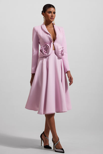 Conjunto de blazer liso con estampado floral 3D y falda midi lisa de cintura alta 