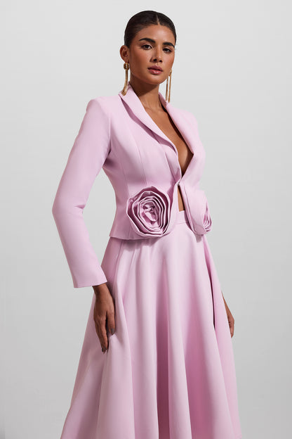 Conjunto de blazer liso con estampado floral 3D y falda midi lisa de cintura alta 