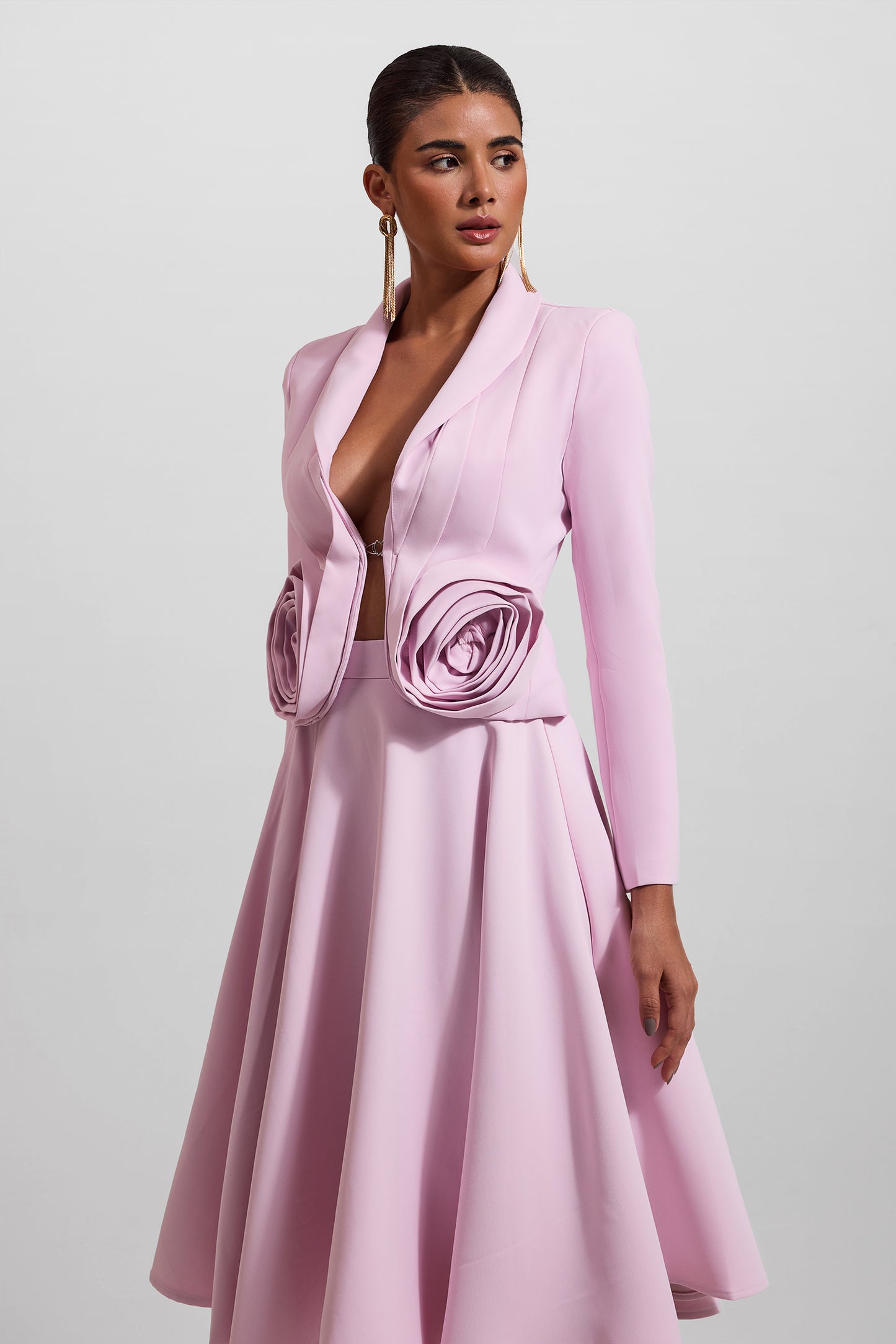 Conjunto de blazer liso con estampado floral 3D y falda midi lisa de cintura alta 