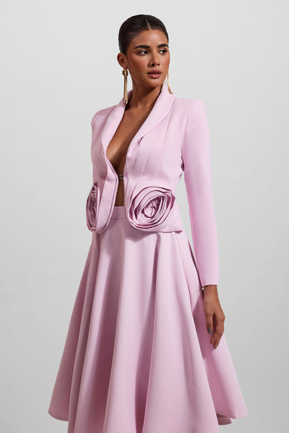 Conjunto de blazer liso con estampado floral 3D y falda midi lisa de cintura alta 