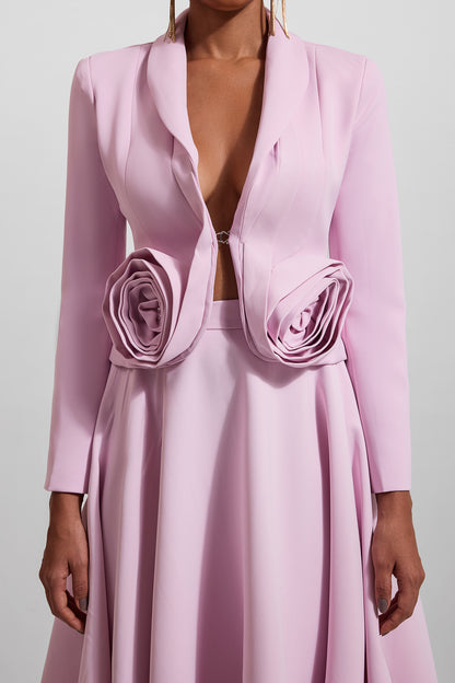 Conjunto de blazer liso con estampado floral 3D y falda midi lisa de cintura alta 