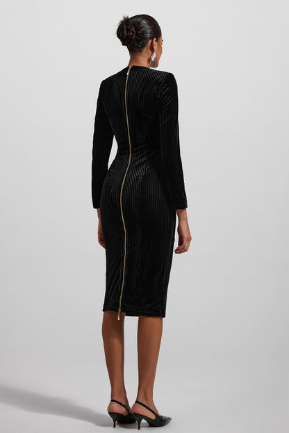 Vestido midi de terciopelo con cuello en V y botones metálicos 