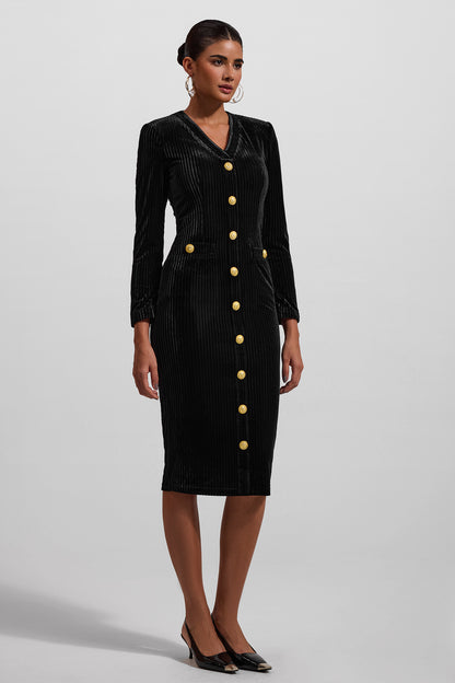 Vestido midi de terciopelo con cuello en V y botones metálicos 