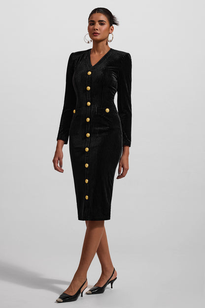 Vestido midi de terciopelo con cuello en V y botones metálicos 