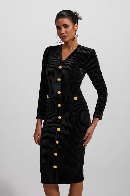 Vestido midi de terciopelo con cuello en V y botones metálicos 