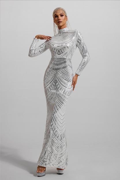 Vestido largo de manga larga con cuello alto y lentejuelas 