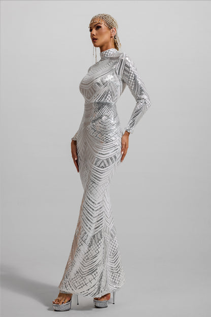 Vestido largo de manga larga con cuello alto y lentejuelas 