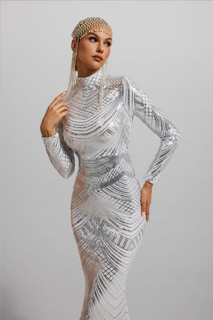 Vestido largo de manga larga con cuello alto y lentejuelas 
